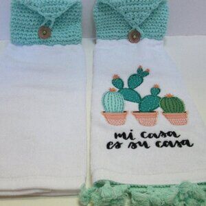 Set of 2 Hanging Kitchen Towels Button Top White Cotton Mi Casa es Su Casa NWT